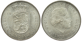 Нидерланды 10 гульденов 1973 25 лет правления королевы Юлианы KM 196 серебро 443-734