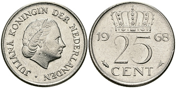 НИДЕРЛАНДЫ 25 ЦЕНТОВ 1968 ЮЛИАНА KM 183 никель 96-211