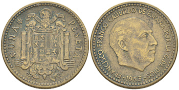 ИСПАНИЯ 1 ПЕСЕТА 1953 (61) ФРАНСИСКО ФРАНКО ДИКТАТОР ИСПАНИИ ( 1939- 1975) KM 775 алюминиевая бронза 216-554