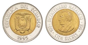 Эквадор 100 сукре 1995 200 лет со дня рождения Антонио Хосе де Сукре KM 96 биметалл UNC 4640-1246