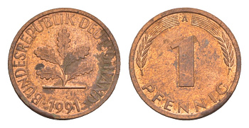 Германия 1 пфенниг 1991 A KM 105, J.380 сталь плакированная медью aUNC 4630-1232