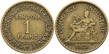 Франция 1 франк 1922 KM 876, Le Franc 218.5 алюминиевая бронза 4142-646
