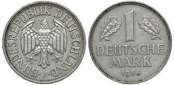 ФРГ 1 МАРКА 1958 J KM 110, J. 385 медно-никель 72-651