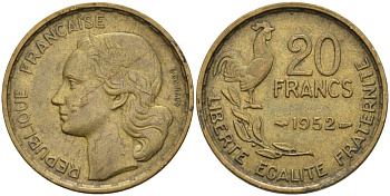 ФРАНЦИЯ 20 ФРАНКОВ 1952 ПЕТУХ, 4 ПЕРА КМ 917.1, LE FRANC 402.9 алюминиевая бронза 4573-224