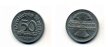 ГЕРМАНИЯ 50 ПФЕННИГОВ 1920 D KM 27, J. 301 алюминий 29-351