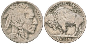 США 5 центов 1928 индеец, бизон KM 134 медно-никель 4614-1136