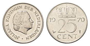 Нидерланды 25 центов 1970 Юлиана (1948-1980) KM 183 никель 4658-863