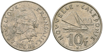 Французская Новая Каледония 10 франков 2008 рыбачья парусная лодка, (IEOM) KM 11a, Schoen 13a, Lec 99k медно-никель 60-933