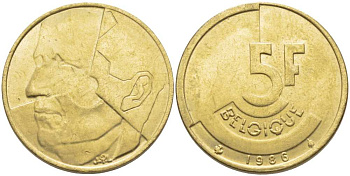 БЕЛЬГИЯ 5 ФРАНКОВ 1986 BELGIQUE, БОДУЭН I (1951-1993) KM 163 латунь или алюминиевая бронза 119-843