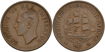 ЮАР 1/2 пенни 1941 Георг VI (1937-1952) KM 24 бронза 181-1023