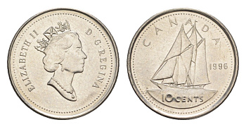 Канада 10 центов 1996 Елизавета II (1952-2022), парусник KM 183 никель UNC 4651-624