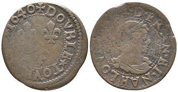 ФРАНЦИЯ ДВОЙНОЙ ТУРНУА 1640 ЛЮДОВИК XIII (1610-1643) KM 86 медь 100-1154