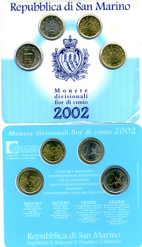 Сан-Марино евронабор из 4 монет 2002 2 евро, 1 евро, 50 евроцентов, 20 евроцентов, официальный набор KM 444, 445, 446, 447 биметалл UNC 1-6-1-24