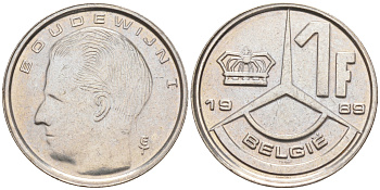БЕЛЬГИЯ 1 ФРАНК 1989 BELGIE KM 171 железо плакированное никелем 187-932