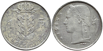 БЕЛЬГИЯ 1 ФРАНК 1980 BELGIQUE KM 142.1 медно-никель 3999-535