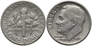 США 10 ЦЕНТОВ = 1 ДАЙМ 1965 РУЗВЕЛЬТ KM 195а медь плакированная медно-никелем 112-655