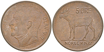 Норвегия 5 эре 1972 лось, Улаф V (1958 - 1991) KM 405 бронза UNC 4119-556