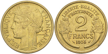 ФРАНЦИЯ 2 ФРАНКА 1938 ТИП MORLON KM 886, LE FRANC 268.11 алюминиевая бронза 3855-113