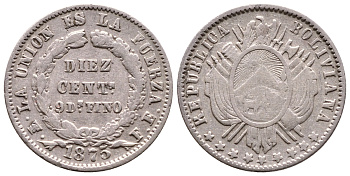 БОЛИВИЯ 10 СЕНТАВО 1875 FE KM 158.1 серебро 4178-162