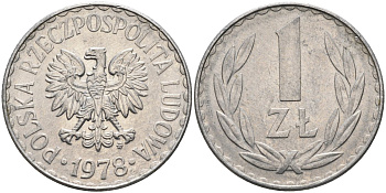 Польша 1 злотый 1978 MW, Народная Республика KM 49.1, Parchimowicz 213p алюминий 4182-312