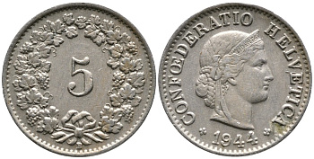 Швейцария 5 раппенов 1944 KM 26 медно-никель 4528-634