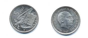 ИСПАНИЯ 5 ПЕСЕТ 1957 (74) ФРАНСИСКО ФРАНКО ДИКТАТОР ИСПАНИИ (1939-1975) KM 786 медно-никель 23-413