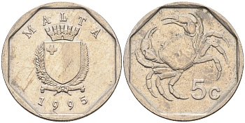 Мальта 5 центов 1993 краб KM 95 медно-никель 4588-129