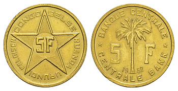 Руанда-Урунди 5 франков 1952 год-тип, Подопечная территория ООН KM 1 латунь 1519-544