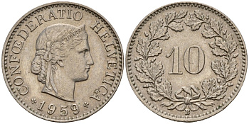 Швейцария 10 раппенов 1959 B KM 27 медно-никель 4189-356