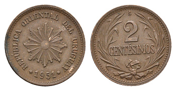 Уругвай 2 сентесимо 1951 KM 20a медь цинк 4674-1012