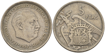 ИСПАНИЯ 5 ПЕСЕТ 1957 (65) ФРАНСИСКО ФРАНКО ДИКТАТОР ИСПАНИИ (1939-1975) KM 786 медно-никель 65-1023