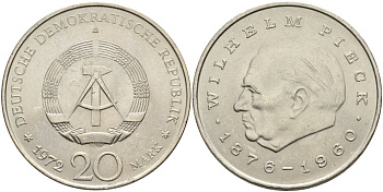 ГДР 20 марок 1972 А, Вильгельм Пик (1876-1960) KM 42 медно-никель UNC 4558-625