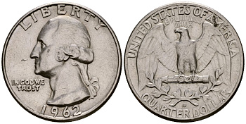 США 25 центов (квотер) 1962 D, Вашингтон KM 164 серебро 00-00