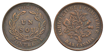 Нижняя Канада, Монреаль 1 су ND (1835-1838) Сельское хозяйство и торговля медь 413-2225