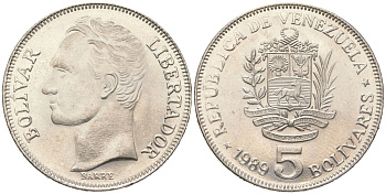 Венесуэла 5 боливаров 1989 KM 59.а2 сталь плакированная никелем 4364-3814