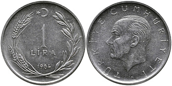 Турция 1 лира 1964 Мустафа Кемаль Ататюрк KM 889а.1 нержавеющая сталь 4541-1231