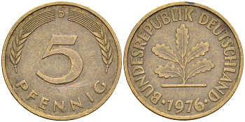 ФРГ 5 пфеннигов 1976 D KM 107, J.382 сталь плакированная латунью 4174-752