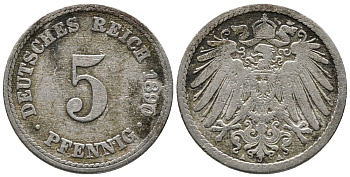 ГЕРМАНИЯ 5 ПФЕННИГОВ 1890 A KM 11, J. 12 медно-никель 39-624