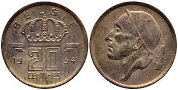 БЕЛЬГИЯ 20 САНТИМОВ 1954 BELGIE KM 147.1 бронза 4392-855