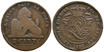 БЕЛЬГИЯ 2 САНТИМА 1836 BELGES KM 4.2 медь 4364-1523