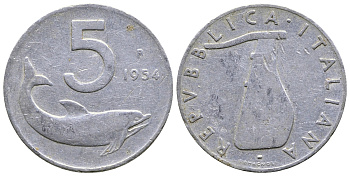 ИТАЛИЯ 5 ЛИР 1954 R, РУЛЬ, ДЕЛЬФИН KM 92 алюминий 4383-941