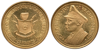 Бурунди 25 франков 1962 король Мвамбутса IV Бангириченге (Mwambutsa IV) в военной форме, независимость Бурунди KM 3 золото UNC 00-000-00