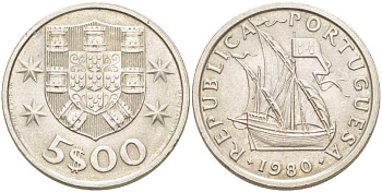 ПОРТУГАЛИЯ 5 ЭСКУДО 1980 ПАРУСНИК KM 591 медно-никель XF 4513-1052