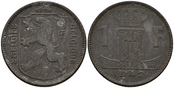 Бельгия 1 франк 1942 Belgique - Belgie, Леопольд III (1934-1947), германская оккупация, Вторая мировая война KM 127 цинк 4161-445