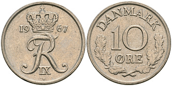 Дания 10 эре 1967 C; S, Фредерик IX (1947-1972) KM 849.1 медно-никель UNC 08-1442