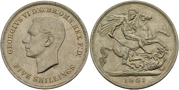 Великобритания 5 шиллингов = 1 крона 1951 Георг VI (1936-1952), фестиваль Британии, Георгий Победоносец, в оригинальной коробке KM 880, Spink 4111 медно-никель Prooflike  2-4-2-39