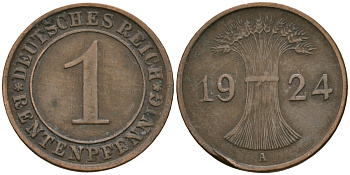 Германия 1 рентенпфенниг 1924 A KM 30, J. 306 бронза 4608-264