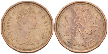 Канада 1 цент 1987 Елизавета II (1952-2022), кленовый лист KM 132 бронза 99-613
