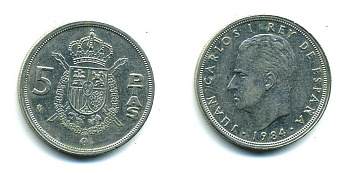 ИСПАНИЯ 5 ПЕСЕТ 1984 ХУАН КАРЛОС I (1975-) KM 823 медно-никель 51-4612
