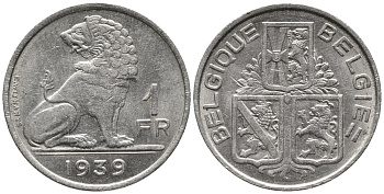 Бельгия 1 франк 1939 Леопольд III (1934-1950), Belgique-Belgie, лев KM 119 никель 34-1133